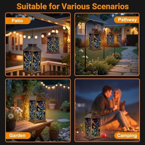 Solar Lantern Outdoor Garden Hanging Lantern Elegant Blue Gold Floral Black Waterproof Solar Powered Lighting Outside Table Lamp for Patio Deck Yard Camping - Image 5