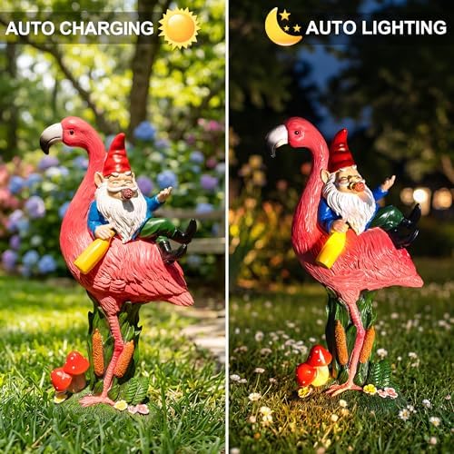 Candieslife Middle Finger Gnome Riding Flamingo 13in, Funny Garden Statue Solar Powered Outdoor Yard Decor with LED Beer Bottle & Mushrooms, Waterproof Naughty Lawn Ornament Gag Gift for Patio, Porch - Image 2