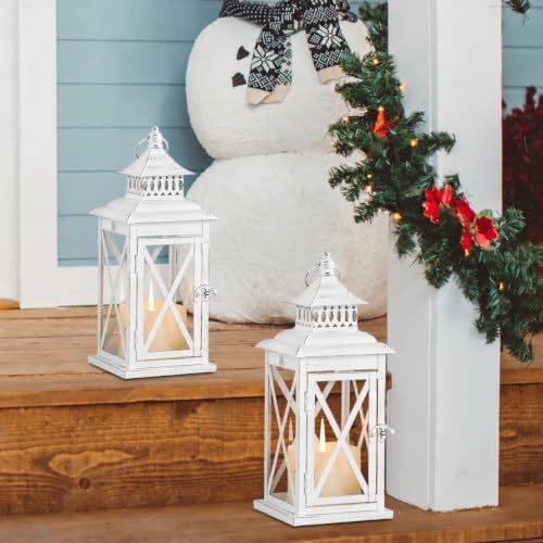 Lantern Decorative Indoor & Outdoor, 2 PCS 14.8''H Large Square Hanging Spring Home Decor, Vintage Metal Decorative Candle Lanterns for Outdoor Patio Wedding Party (White with Black Brush) - Image 6