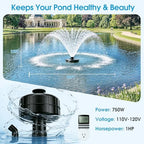 Antfraer 750W Floating Pond Fountain Aerator, 1HP Pond Aerator Fountain with Timer, 2 Nozzles, 110V 10FT Spray Height, for Large Pond Lake, Koi Fish Pond, Agricultural Irrigation, Pond Oxygenation - Image 3