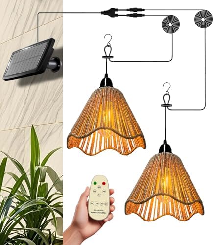 Solar Chandelier Outdoor Waterproof, Gazebo Lights Solar Powered with Remote Control, Boho Hanging Pendant Light for Porch, Patio, Pergola, Shed, Chicken Coop, Balcony(2 Lights) by DOMXRUI