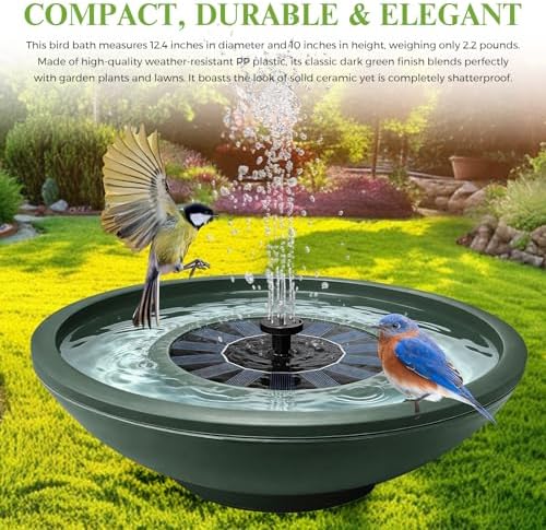 Solar Bird Bath with Fountain,12.4" Dark Green Birdbath for Outdoors,Tool-Free 10s Assembly,6 Spray Nozzles,Lightweight Plastic Water Feature for Garden Decor,Patio Gitf,Hummingbirds - Image 5
