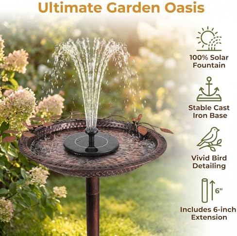 Metal Bird Bath with Solar Fountain Pump & LED Lights, 34" Tall Iron Birdbath for Outdoors, Heavy Duty Cast Iron Pedestal Bird Bath for Garden Yard Patio Lawn Deck, Bronze Finish - Image 5