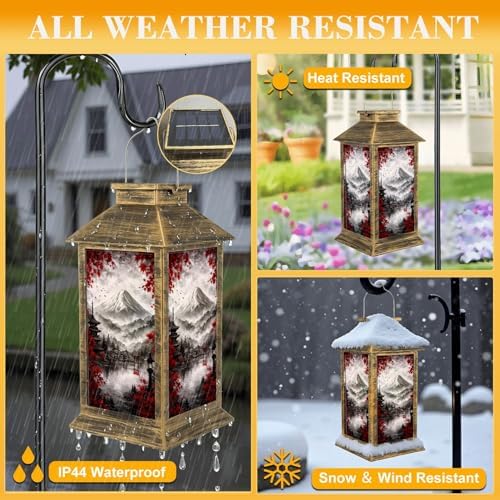 Solar Lantern Outdoor Waterproof Black White Pop Red Japanese Temple Autumn Fall Landscape Mount Maple Garden Decor LED Solar Lights Hanging/Tabletop Lamp Gifts for Women Mom for Outside Yard Patio - Image 3