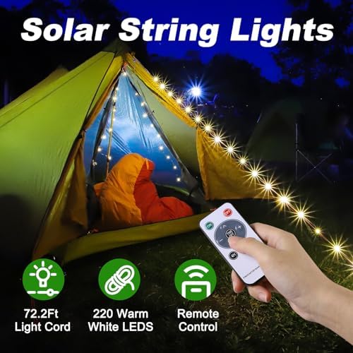 SMY Lighting 4 in 1 Solar Camping String Lights, 72.2Ft Ultra Long String with 220LEDs, Solar Powered and USB Rechargeable Light with Remote Control, Portable Camping Light for Hiking, Decorations - Image 2
