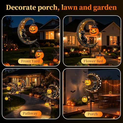 2026 News Solar Halloween Black Cat and Pumpkin Moon Garden Stake Light 4PCS, Hanging Pumpkin Lanterns Outdoor for Pathway, Yard, Patio and Lawn Decor.Powered Entirely by the Sun - Image 5
