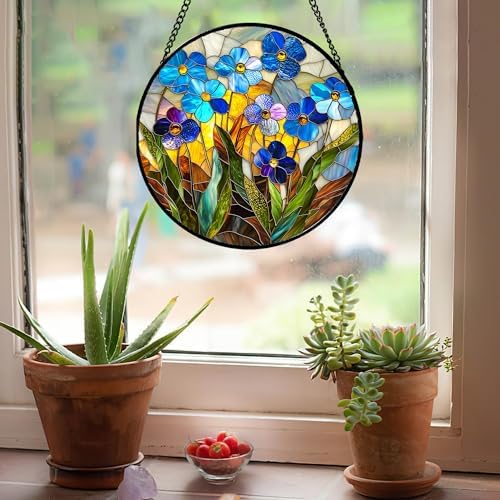 Blue Flower Stained Glass Window Hanging Suncatcher Gifts for Women 12" - Image 4