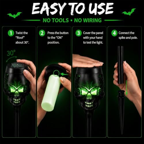 8 Pack Solar Halloween Lights Outdoor, Flickering Flame Skull Torches, Waterproof Purple Solar Lights for Yard, Spooky Skull Pathway Lights for Halloween Outdoor Decorations (Green) - Image 6