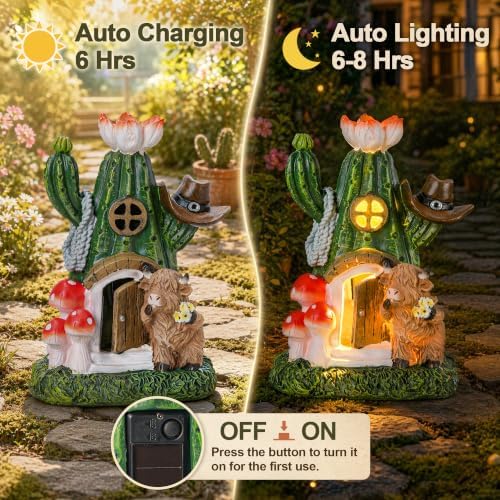 Fairy House Outdoor Figurine Lights, Highland Cow Garden Statue and Solar Cactus Mushroom House for Yard Patio Lawn Decor, Fairy Houses for Outside, Unique Garden Gifts for Women Mom - Image 4