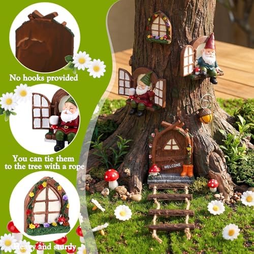 AceOrbit 7 Pcs Fairy Garden Accessories Miniature Fairy Doors with Trees, Windows, Streetlamp and Ladder, Mini Art Garden Sculpture, Outdoor Lawn Yard Decor for Patio, Balcony & Lawn Ornament - Image 2
