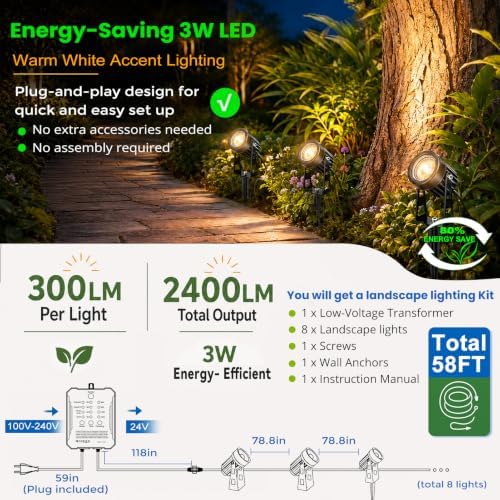 Plug and Play Low Voltage Landscape Lighting Kit, 8-Pack Wired Landscape Lights with Transformer, Warm White Waterproof Outdoor LED SpotLights for Yard, Garden, Pathway, Tree - Image 2