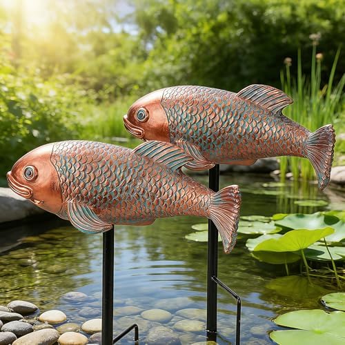 Teaeeno Set of 2 Antique Koi Fish Statue, Outdoor Garden Sculpture for Patio, Backyard, Pond, and Home Decor (Blue) by Teaeeno