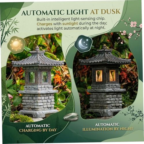 Solar-Powered Pagoda Garden Statue Auto-on LED Lantern, Zen Outdoor Decor Pagoda Garden Statue Dark Gray - Image 5