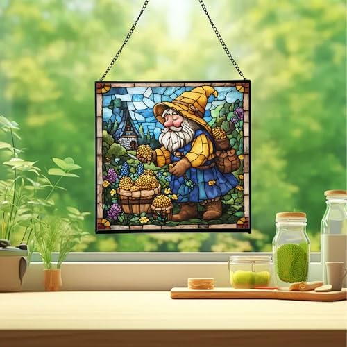 Gnome Beekeeping Stained Glass Suncatcher – Square Hanging Window Panel for Home, Garden, Nursery, Halloween, Christmas, Memorial Day – Whimsical Glass Art Gift for Gnome Lovers kbh7x5 - Image 2