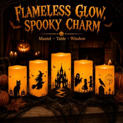 5 Pack Halloween Flameless Candles, Orange, Waterproof LED Pillar - Image 4