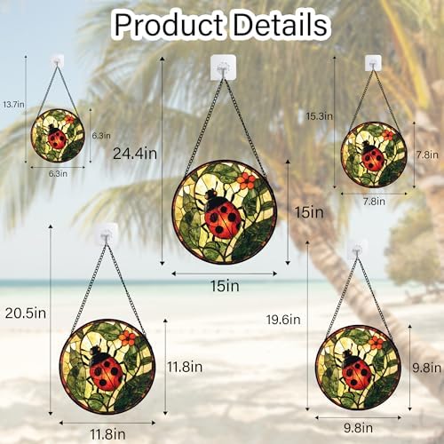 Ladybug Flower Stained Glass Window Hanging Suncatcher Gifts for Women 15" - Image 6