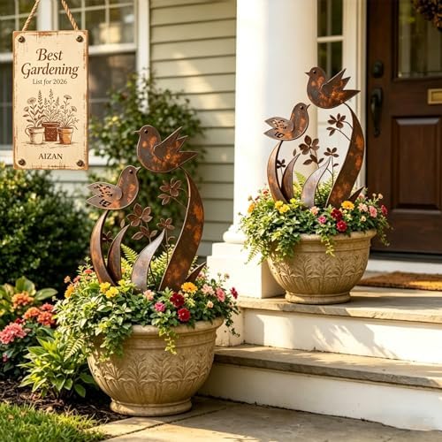 Bird & Wildflower Metal Garden Stake, Decorative Plant Stakes with Floral Design Handmade Flower Shaped Sculpture, Rustic Garden Art Decor Gift for for Flower Bed Planters Patio & Lawn Lovers(2PCS) by Unknown