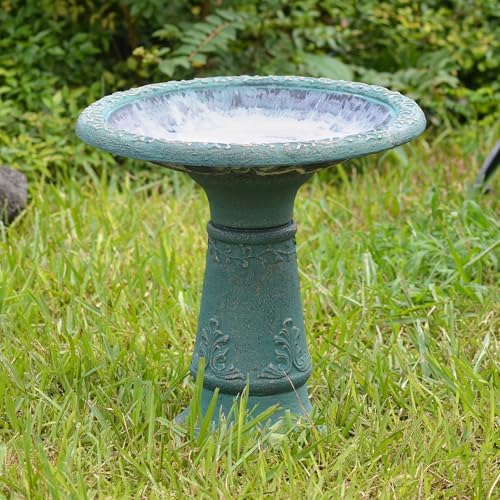 Arcadia Garden Products BB04 Fiberclay Bird Bath Outdoor Garden Decor, Antique Vintage Weather Resistant Water Bowl for Backyard and Patio and, 20-inch Tall, Green - Image 6