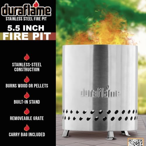 Duraflame 5.5 inch Table Top Fire Pit with Built-in Stand & Removable Grate, Low Smoke, Portable Mini for Outdoor Use, Wood or Pellets, Double Walled Stainless Steel, Travel Bag Included., 5.5 In Pit - Image 3