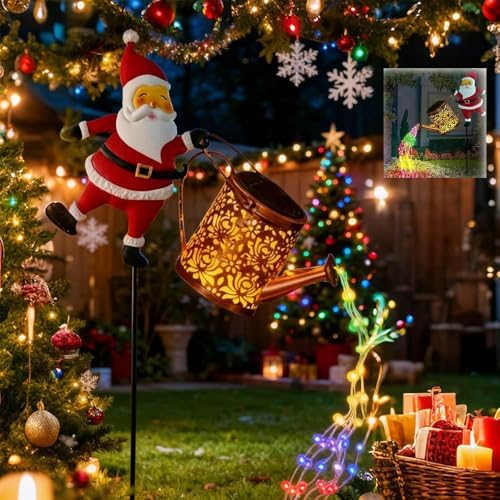 Solar Santa Claus Watering Can Light, Vintage Metal Outdoor Hanging Lantern for Garden Patio Yard Path, Christmas Decorative Lamp (Colorful) by Unknown