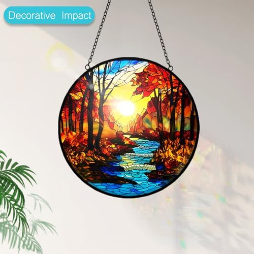 Fall Decor Sunrise Tree and River Landscape Stained Glass Suncatcher for Window Hanging - Handmade Mountains Sun Catchers Glass Panel Garden Decorations - Birthday Gifts for Women Men Mom Grandma - Image 4