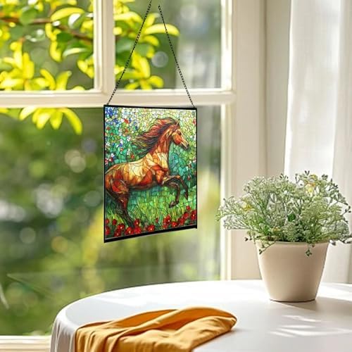 Brown Dutch Warmblood Horse Galloping Along Wild Hedgerow Square Suncatcher – Stained Glass Style Window Panel with Pastoral Scene, Custom Decorative Hanging Art for Equestrian Home, Christmas 3wkf38 - Image 3