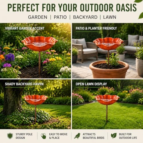 Handmade Metal Flower Bird Bath, Bee & Butterfly Watering Station, Decorative Outdoor Garden Stake with Vibrant Glossy Bowl for Yard Patio Lawn Planter - Image 7