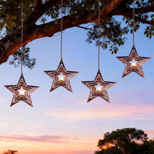 Hanging Solar Lights for Trees Outside, 4 Pack 6-Inch Hanging Star Lanterns with Solar Tea Lights Outdoor Waterproof, Icetry Star Light, Tree Lanterns Decoration for Porch Patio Pergolas Yard by ALLFORTUNE