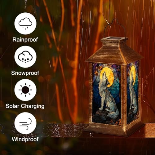 Solar Lantern Stained Glass Wolf Howling Moon Autumn Forest Wildlife Art Outdoor Waterproof Hanging Solar Light Outside Lights for Patio Yard House Lawn Decor Birthday Gifts for Women Mom - Image 5