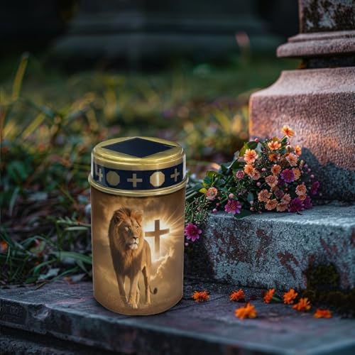 Poceacles Solar Lights Outdoor Grave Candle for Cemetery Decoration Solar Outdoor Lights for Garden Lawn Backyard Pathway Decor, 6 Pieces, Brown Lion Cross Pattern - Image 3