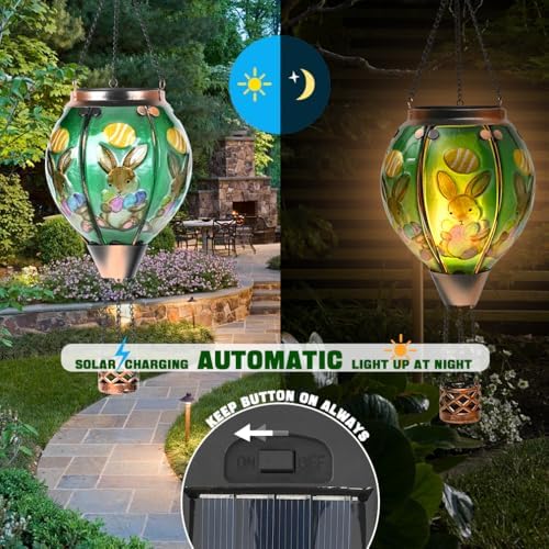 Easter Hot Air Balloon Solar Lantern - Bunny Stained Glass Lantern, Simulated Flickering & Dancing Flame, Outdoor Hanging Yard Light Waterproof IP65 for Patio Lawn Porch Decor Rabbit Gift - Image 3