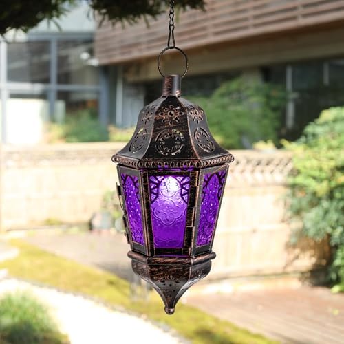 Moroccan Decorations Indoor, 13.6’’ Lantern Decorative Outdoor, Halloween Style Hanging Lantern with Chain for Home Porch Patio Decor, Vintage Metal Christmas Ramadan Candle Holders(Purple) - Image 5