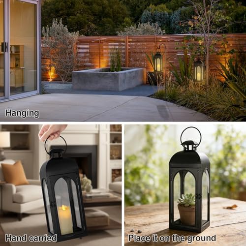 Lantern Decorative Indoor & Outdoor, 16.25IN Large Hanging Candle Lanterns, Black Metal Decorative Candle Lanterns, Waterproof Hanging Lantern for Porch Patio Wedding Home - Image 4