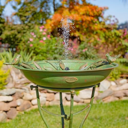 Zaer Ltd. Deep Well Made Metal Birdbath with 2 Cast Iron Birds and Leaf Decoration (Verdi Green) - Image 3