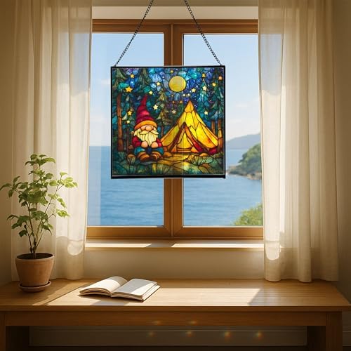 Night Camp Gnome Stained Glass Suncatcher – Square Hanging Window Panel for Home or Greenhouse – Whimsical Glass Art Gift for Garden Lovers, Christmas, Halloween, Father Days zeJ7nJ - Image 6