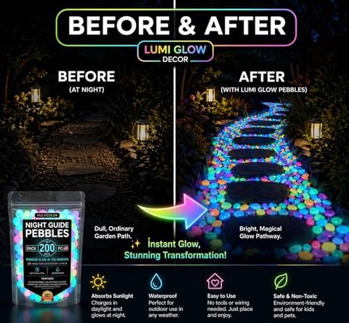 glow in the dark garden pebbles, night guide pebbles & luminous glow stones, 200PCS Colorful Waterproof Outdoor glowing garden stones, Solar Powered stepping stone kit for Garden Pathway Lawn Aquarium - Image 4