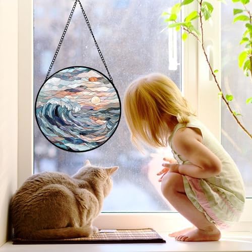 Stained Glass Window Hanging Suncatcher Sunrise Waves Gifts Decor 9.8" - Image 3