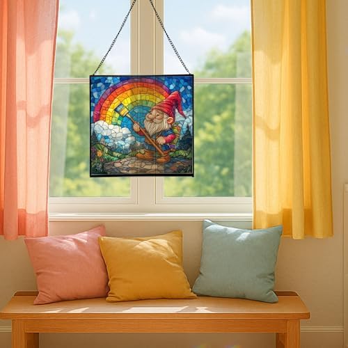 Gnome with Rainbow Paintbrush Stained Glass Suncatcher – Square Hanging Window Panel for Home or Greenhouse – Whimsical Glass Art Gift for Garden Lovers, Christmas, Halloween, Father Days 4QDKIj - Image 5