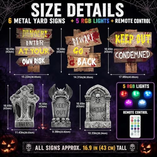 Aurelema 6 Pcs 17" Metal Halloween Tombstones, Wooden Sign Lighted - Image 2