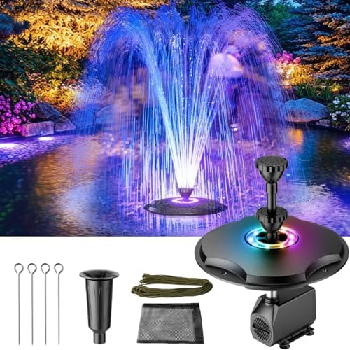 Anfraer Floating Pond Fountain with LED Lights, 650GPH RGB Floating Fountain with 3 Spray Modes, Pond Pump with 27FT Power Cord & 65.6FT Mooring Line for Pond Garden Fish Tank by Antfraer