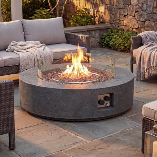 COSIEST 42 inch Outdoor Propane Fire Pit Coffee Table w Concrete Round Base Patio Heater, Certified, 50,000 BTU Stainless Steel Burner, Free Lava Rocks, Wind Guard, Rain Cover, Gray by COSIEST