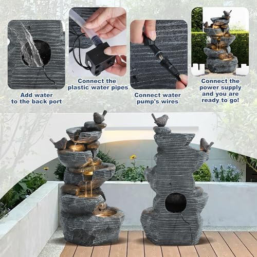 5 Tiers Cascading Rock Outdoor Water Fountain with Bird Decor - Image 7