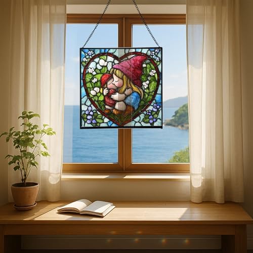 Gnome Hugging Child Stained Glass Suncatcher – Square Hanging Window Panel for Home, Garden, Nursery, Halloween, Christmas, Memorial Day – Whimsical Glass Art Gift for Gnome Lovers bfeiwm - Image 6