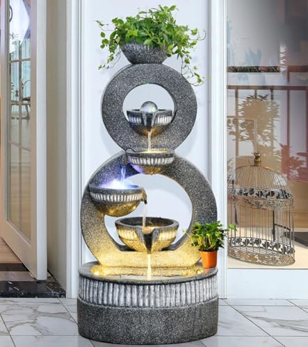 Tiered Ring Water Fountain with Planter and LED Lights – Indoor/Outdoor Decorative Waterfall for Home, Garden, or Patio(Large) - Image 4