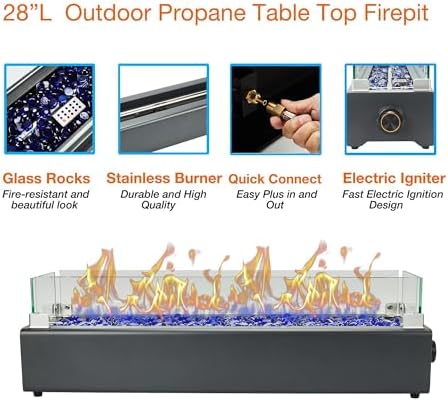 28-inch Table Top Propane Fire Pit, 40,000 BTU Tabletop Firepit for Patio, Outdoor Portable Rectangular Fire Bowl w/Wind Glass Shield, Glass Rocks - Carbon Gray - Image 3