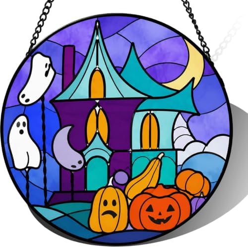 9.84 Inch Stained Glass Suncatcher Haunted House Window Hanging Festive Autumn Decor with Pumpkins and Ghosts Unique Housewarming Gift for Her Seasonal Art Glass Ornament by Unknown