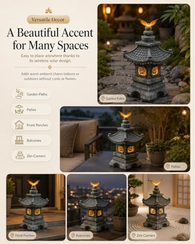 Solar Garden Statue Japanese-Style Pagoda Lantern with Butterfly Light, Waterproof Resin Zen Outdoor Decor for Patio Yard Lawn, Housewarming Gifts for Women - Image 3