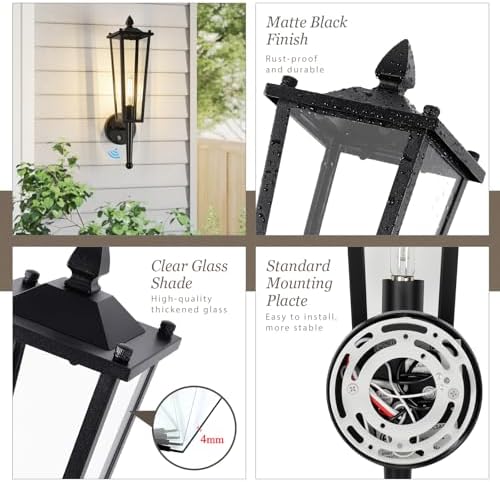 Outdoor Wall Light Fixtures, 20" Large Dusk to Dawn Front Porch Lights Waterproof with Clear Glass, Black Exterior Wall Mount Sconce Outside Lighting for Garage Porch House, OS-OD2615-1WM - Image 2