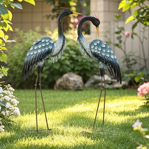 3.7ft Tall Blue Heron Metal Yard Art, XL Crane Statue Decor, S/2 - Image 3