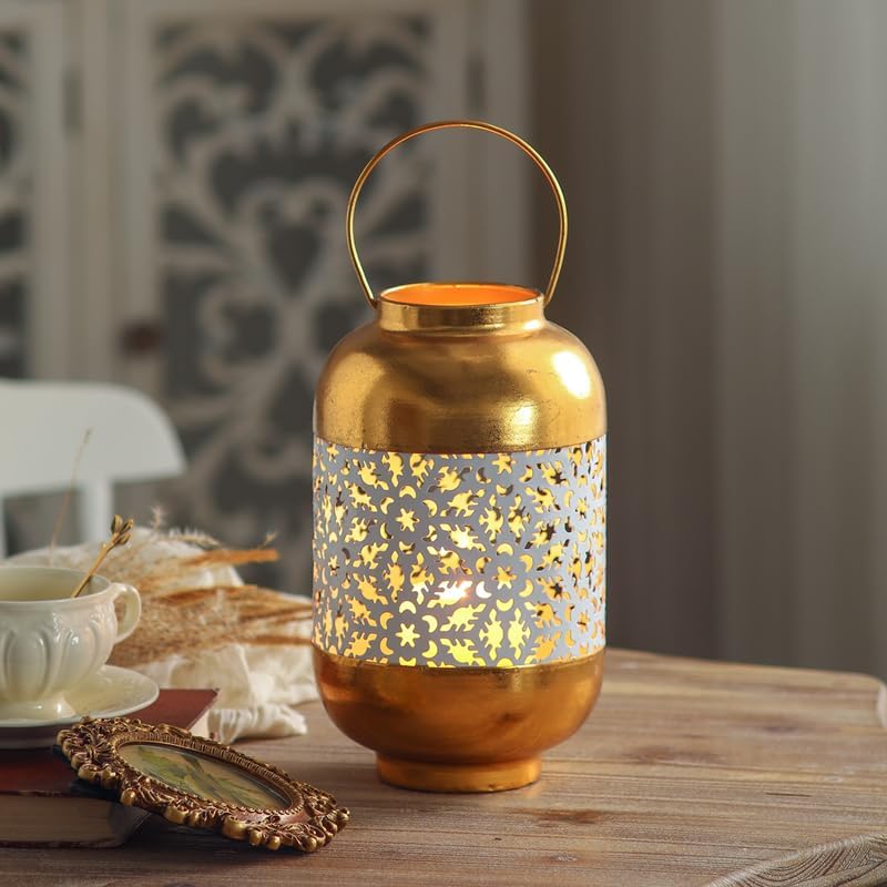 Moroccan Style Gold Metal Candle Lantern with Handle - Image 2